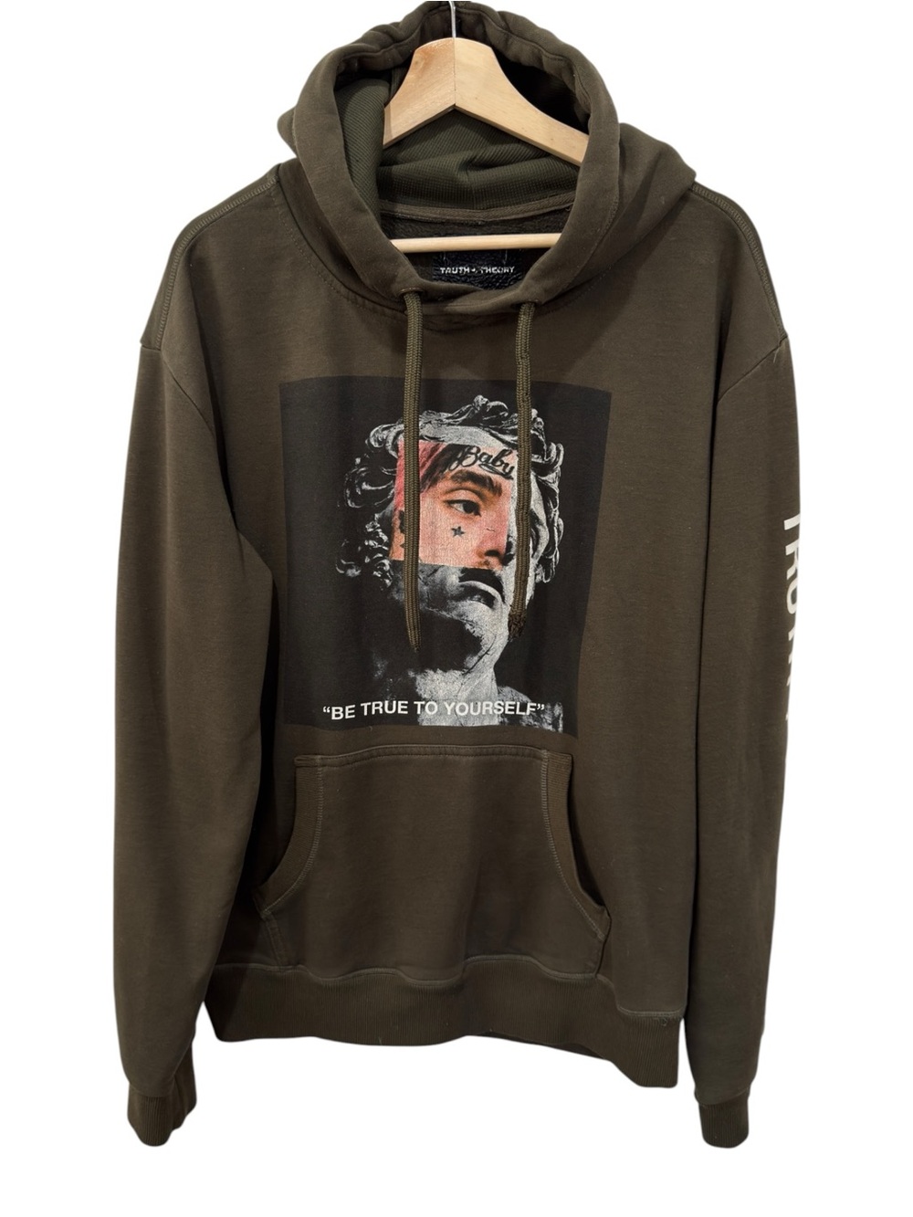 Truth+Theory Be True To Yourself Olive Green Mens Art Portrait Graphic Hoodie XL